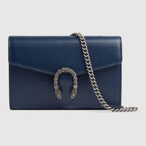 Gucci Chain Wallet Blue Silver Crystal Tiger Head Leather